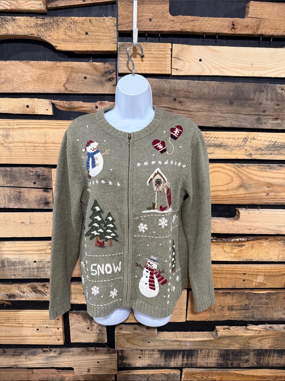 VTG Snowman Ski Lodge Zip Up Cardigan Sweater Sage Green Small
Grannycore 3D